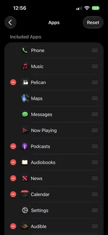 The car's Included Apps list, with Pelican among them