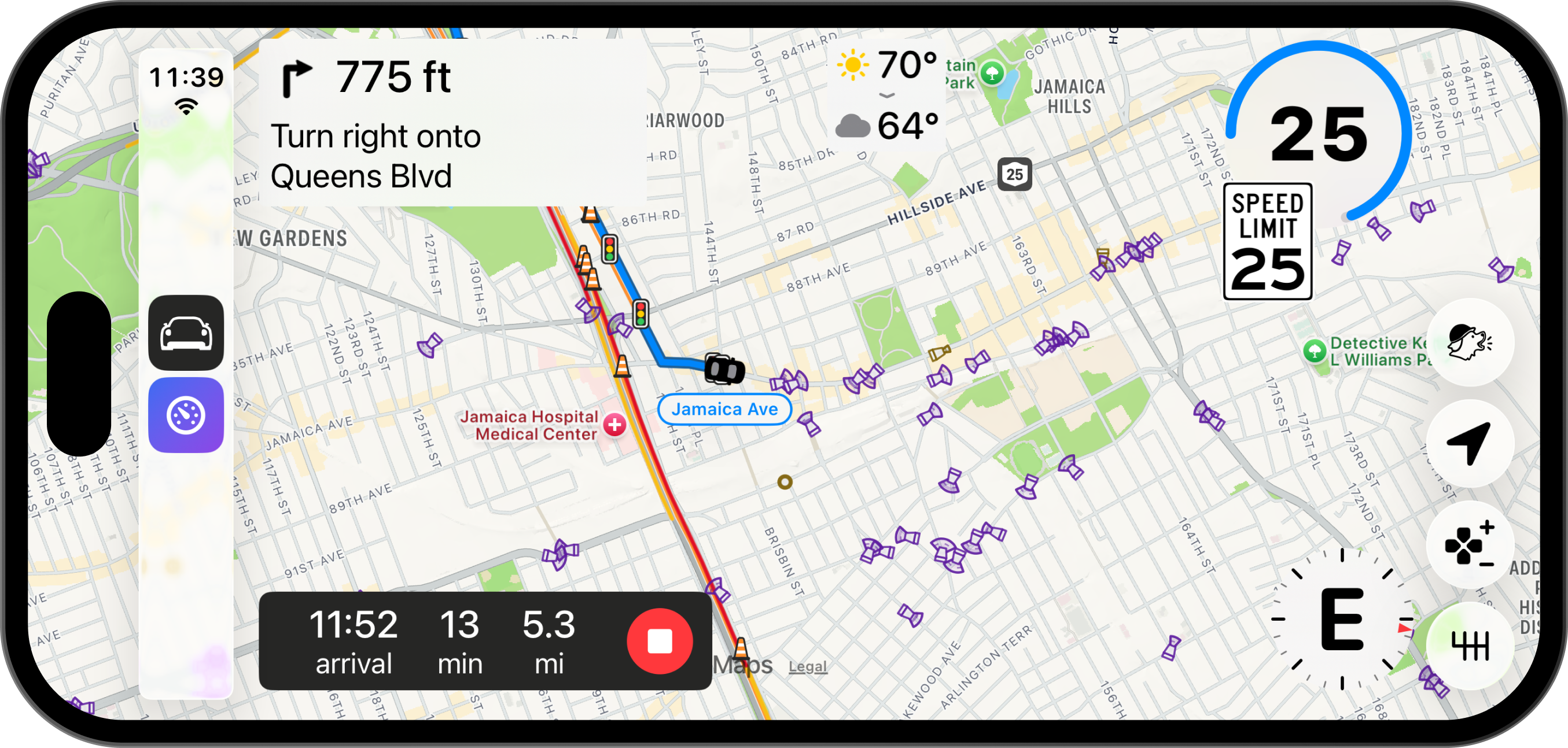 Pelican in head unit mode on a phone turned sideways: the map, widgets, and the column of app and action buttons