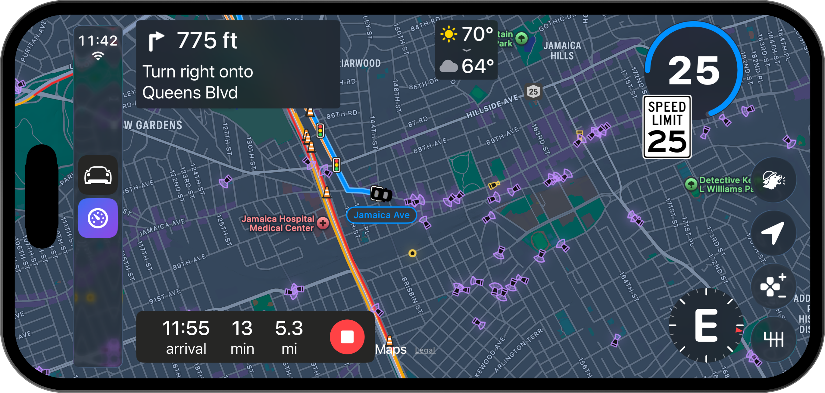 Pelican in head unit mode on a phone turned sideways: the map, widgets, and the column of app and action buttons