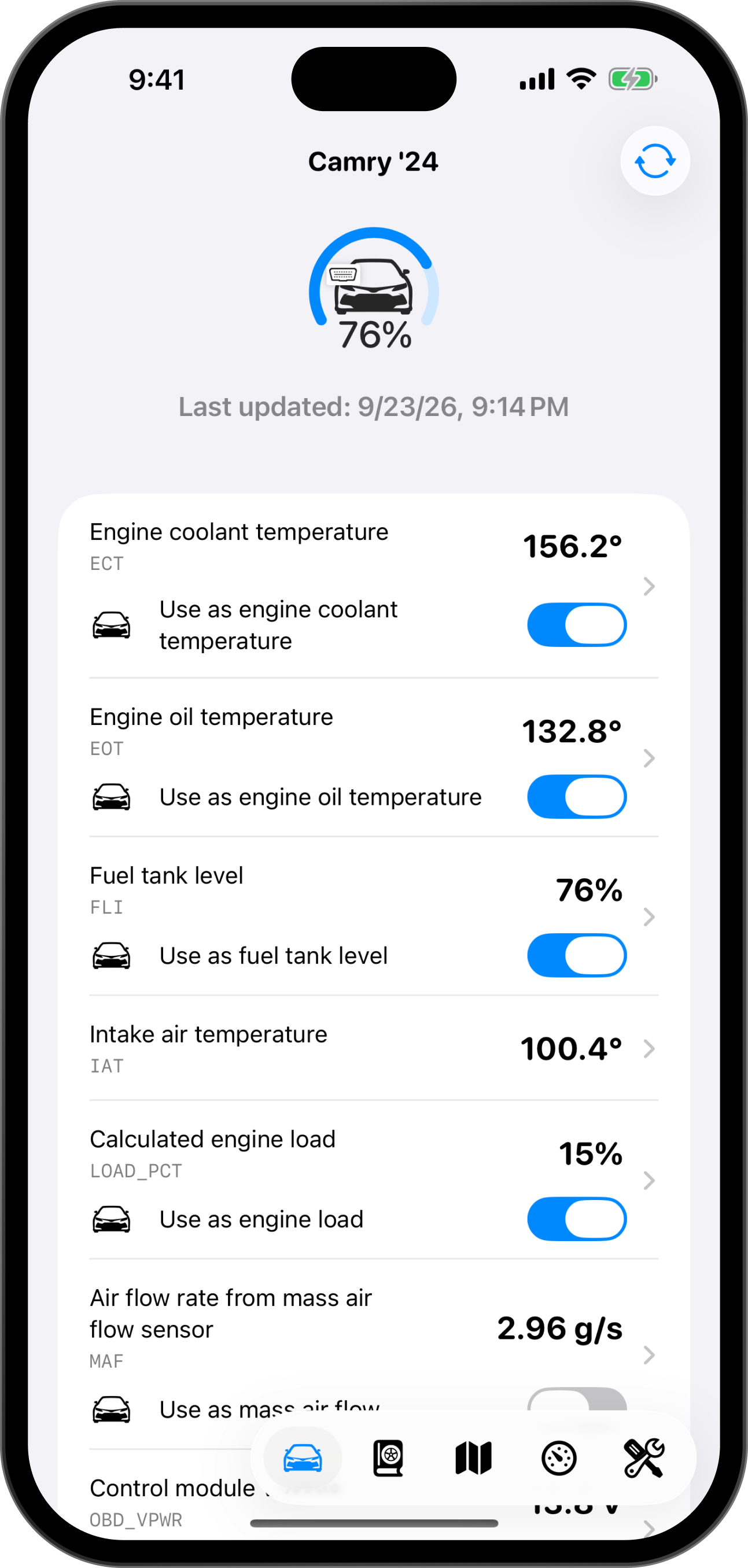 Live OBD data: Connect an OBD scanner for real-time coolant temperature, boost, battery and tire readings, depending on your make and model.