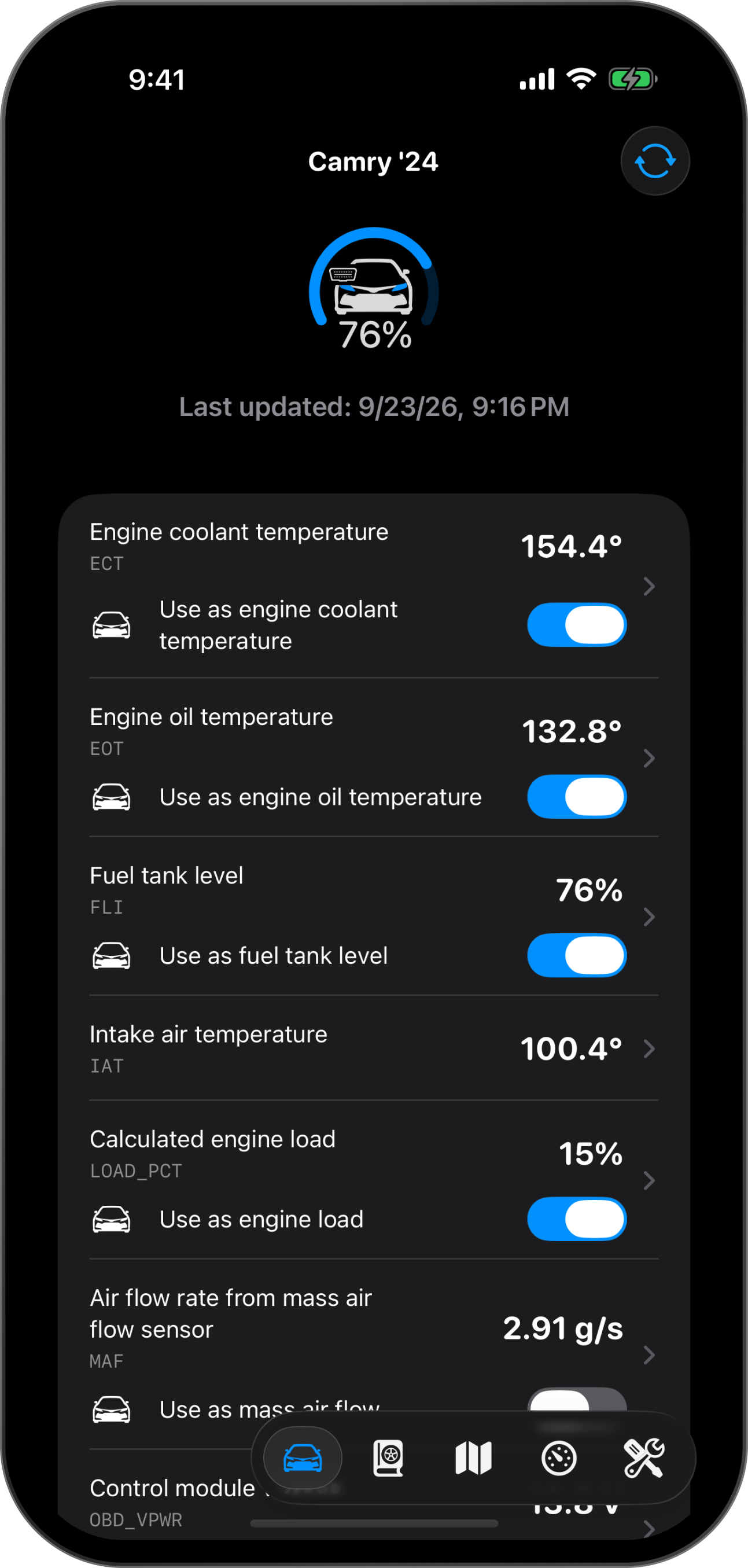 Live OBD data: Connect an OBD scanner for real-time coolant temperature, boost, battery and tire readings, depending on your make and model.