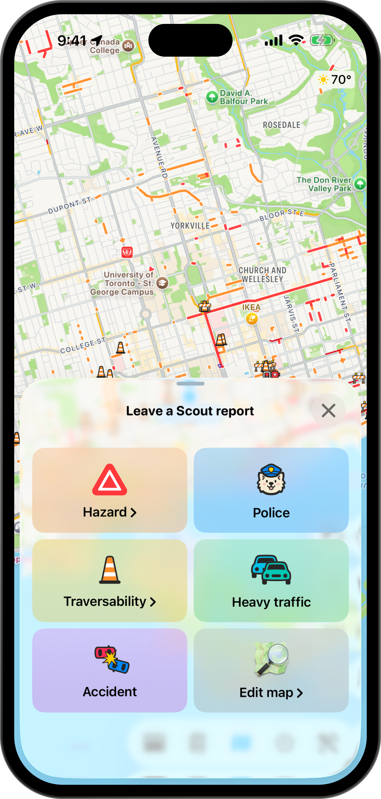 Drivers helping drivers: Every Pelican driver can share hazards, closures, accidents, police and more with Scout reports, giving you a real-time understanding of the roads around you.