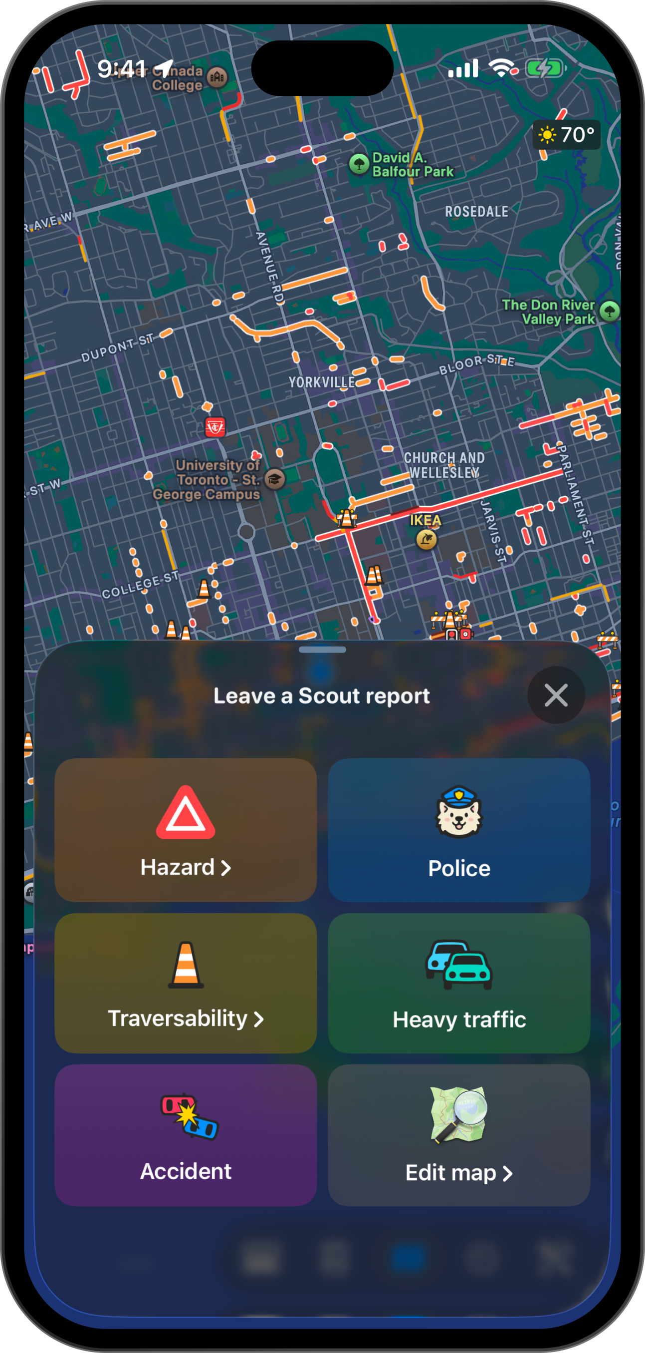 Drivers helping drivers: Every Pelican driver can share hazards, closures, accidents, police and more with Scout reports, giving you a real-time understanding of the roads around you.