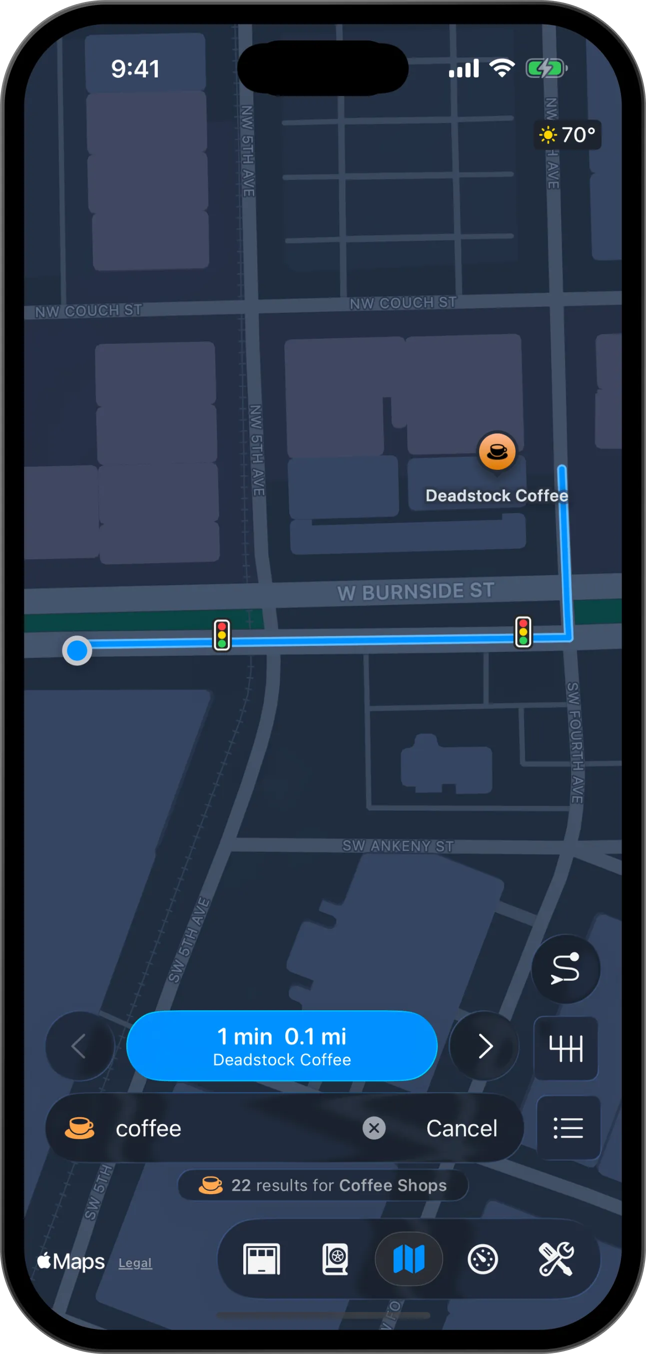 Search results for coffee on the Pelican map, with the route to the first result, the blue start button and the search field marked