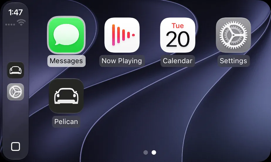 The CarPlay home screen, with Pelican marked
