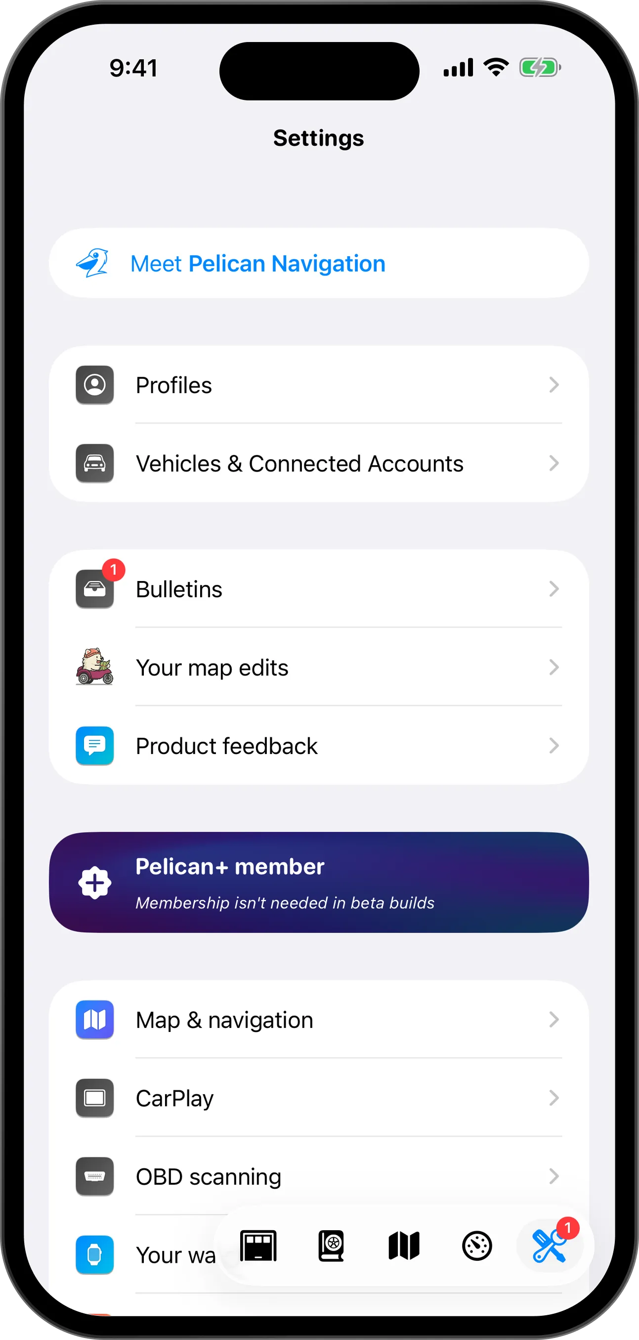 Settings, with Profiles, Vehicles and Connected Accounts, your map edits, product feedback, Map and navigation, CarPlay and its button in the context switcher marked