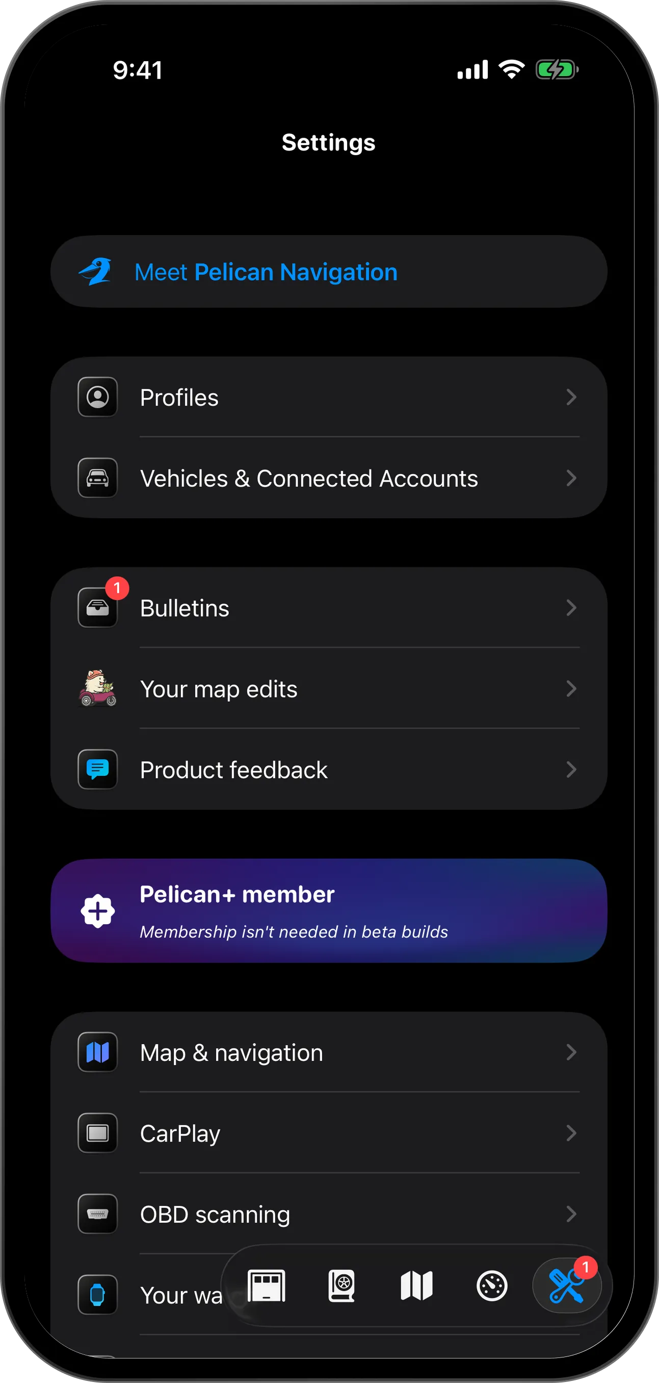 Settings, with Profiles, Vehicles and Connected Accounts, your map edits, product feedback, Map and navigation, CarPlay and its button in the context switcher marked