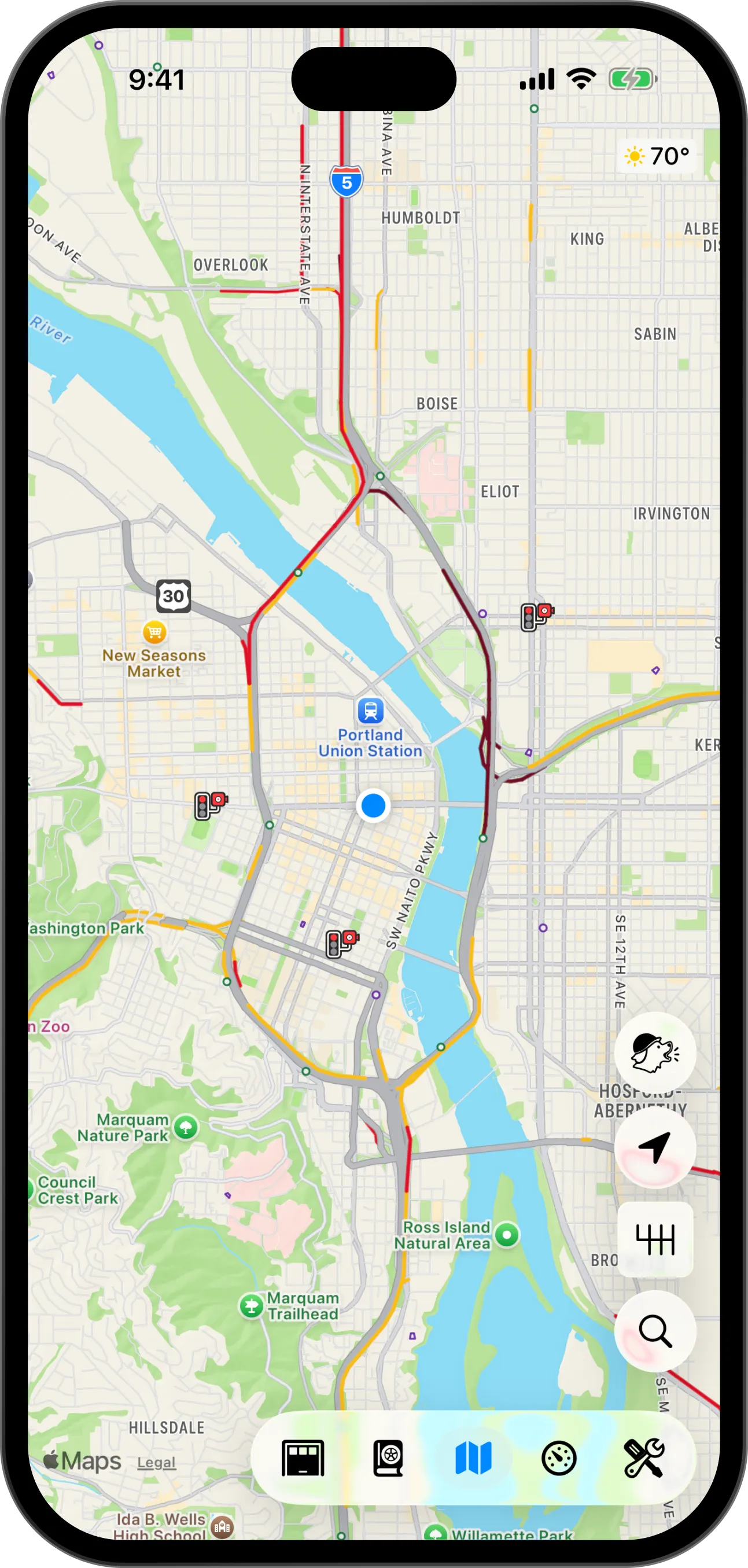 The Pelican map, with the search button, the Scout button, the camera mode button, the map settings button and the context switcher marked