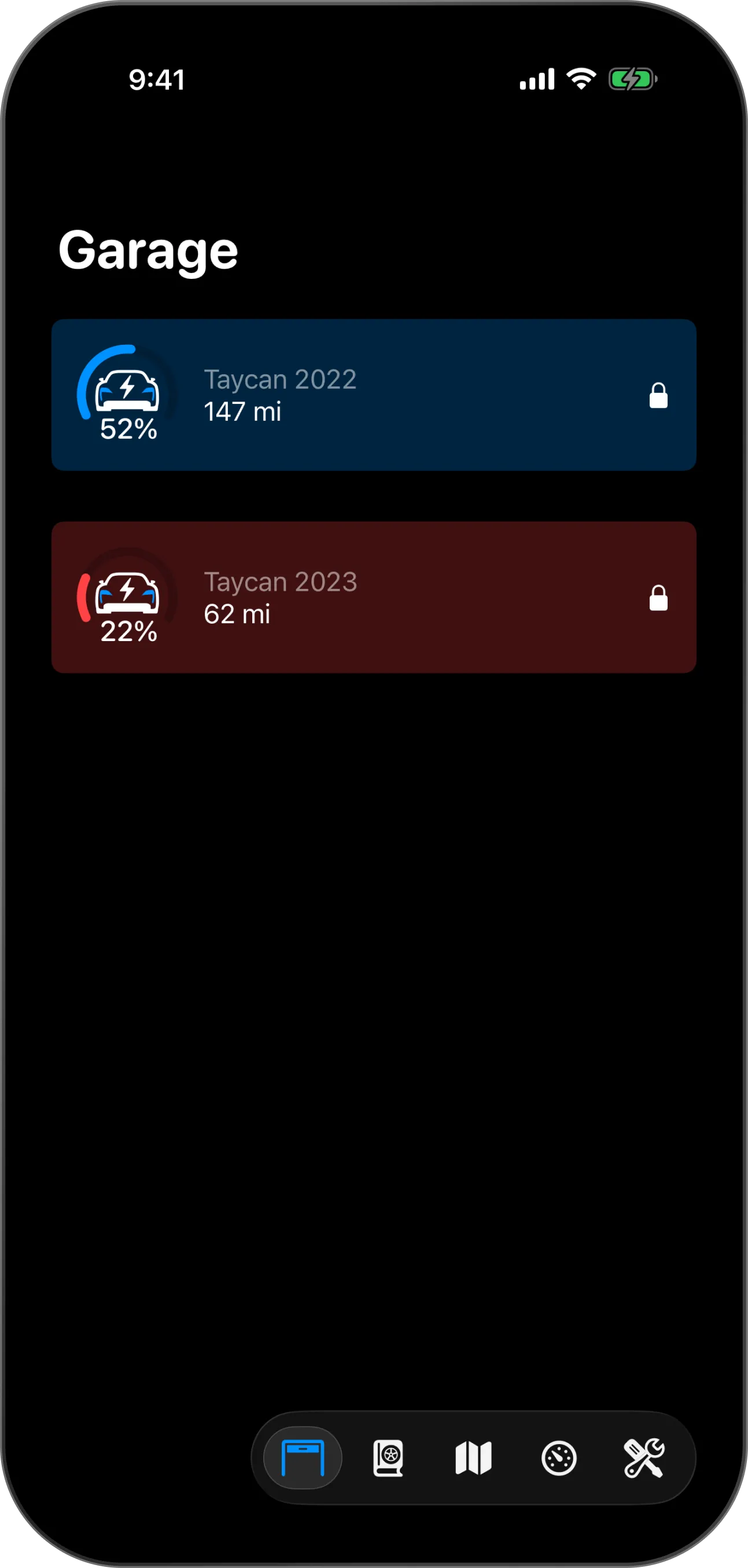 Your garage listing two cars, with a car, its battery level, its range and its button in the context switcher marked